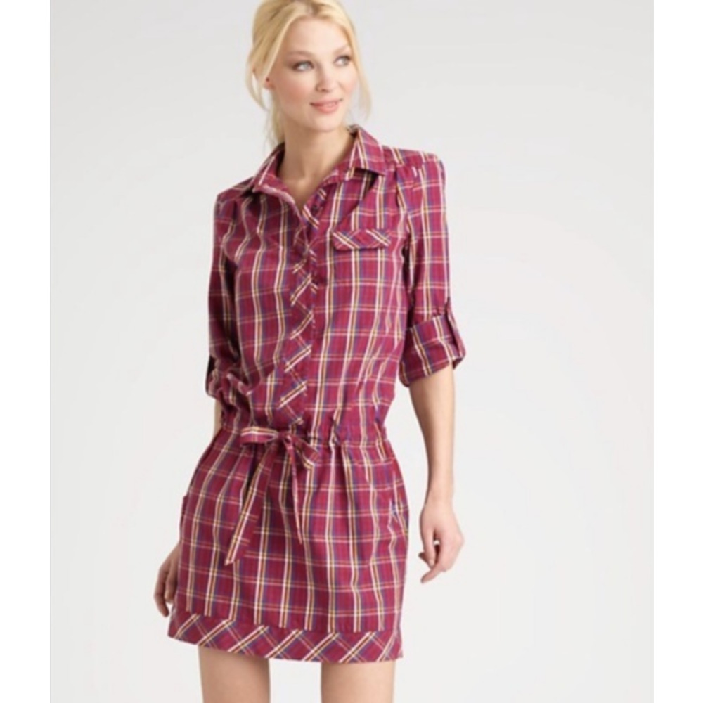 Lacoste Snap Front Plaid Shirt Dress Size EU 40 US 8 Burgundy 100% Cotton